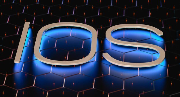 ios text design with blue neon illumination with blurred background 3d render